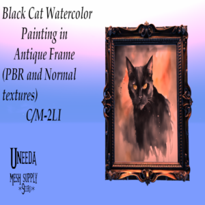 UNEEDA Black Cat Watercolor Painting in Antique Frame